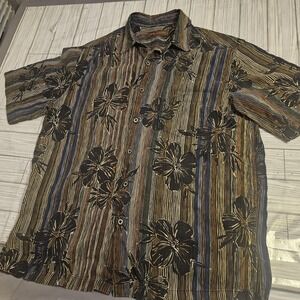 Tori Richard Shirt Mens Medium Brown Blue Silk Cotton Hawaiian Floral Striped
